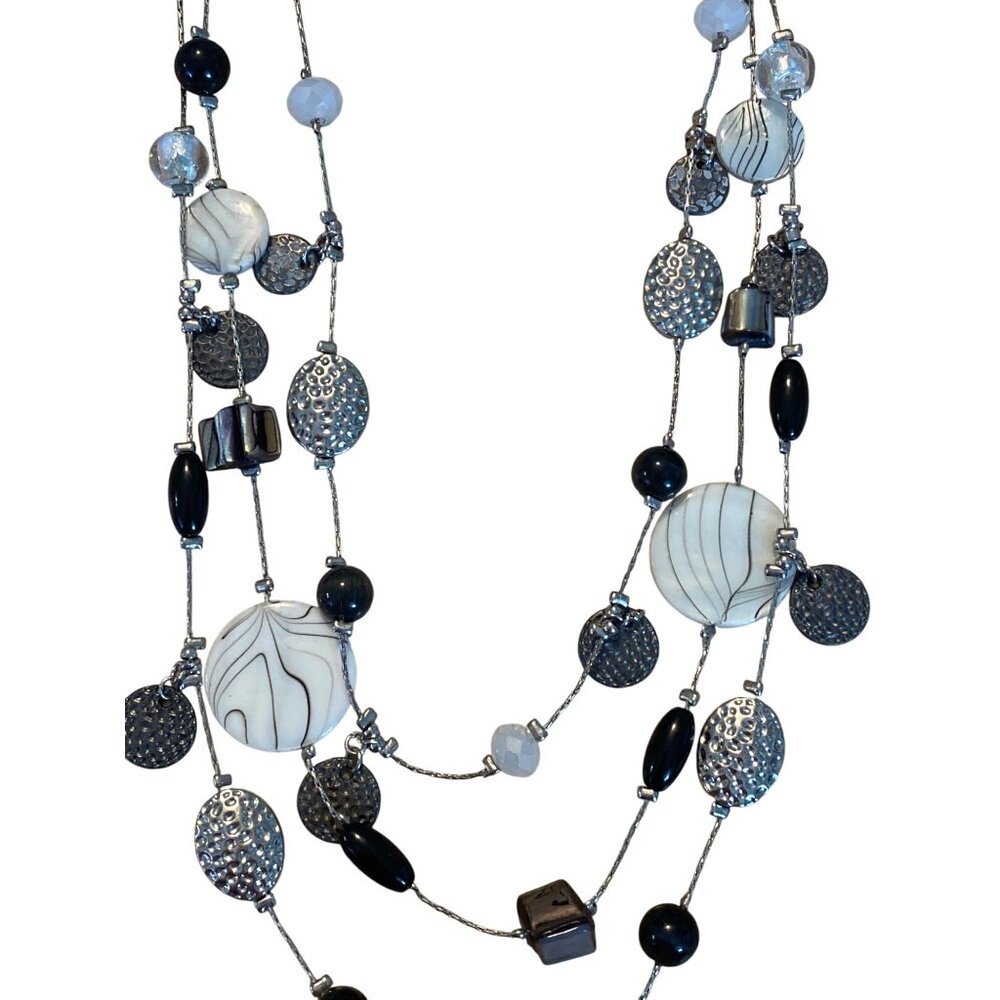 Multi-Strand Layered Stone & Metal Necklace With White & Black Beads